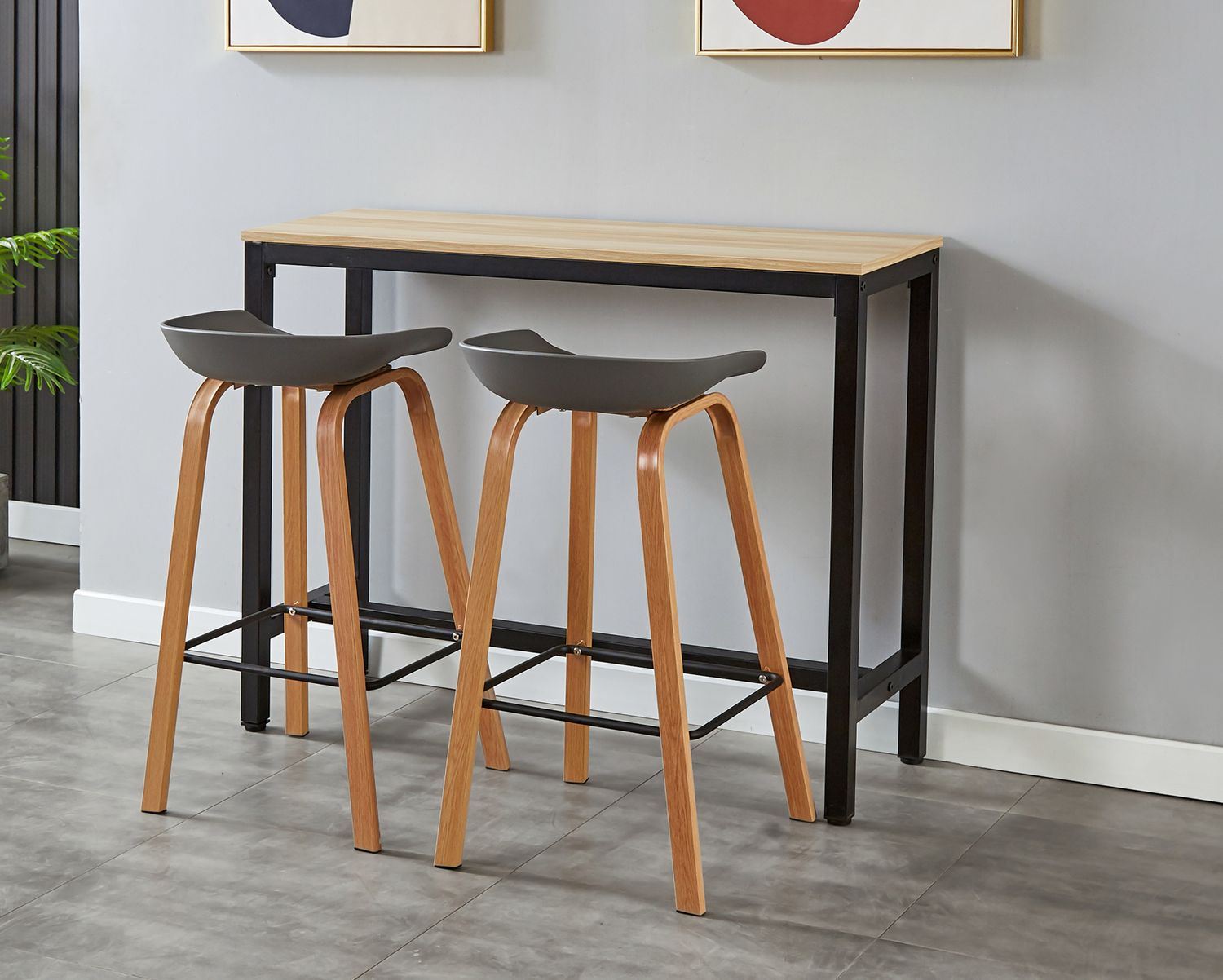 Ofix Tevita Bar Table + 2Pcs. Harris Bar Chair (120*40), Option: Tevita Bar Table (120*40) (Brown+Black)+2pcs Harris Bar High Chair (Dark Grey)