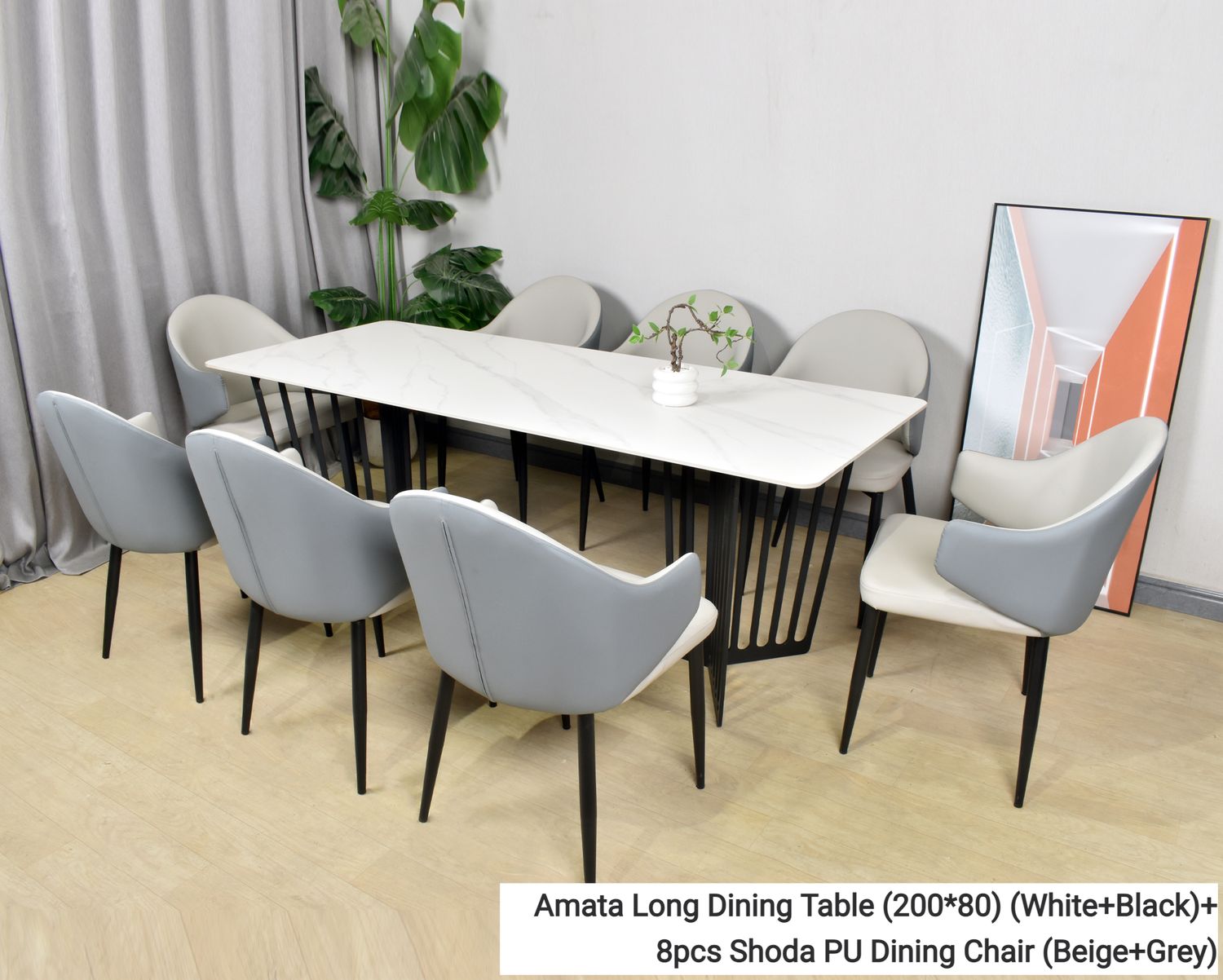 Ofix Amata Long Dining Chair &amp; Table Set (8pcs Shoda Dining Chair) (White+Black) (200*80), Option: Amata Long Dining Table (200*80) (White+Black)+8pcs Shoda PU Dining Chair (Beige+Grey)