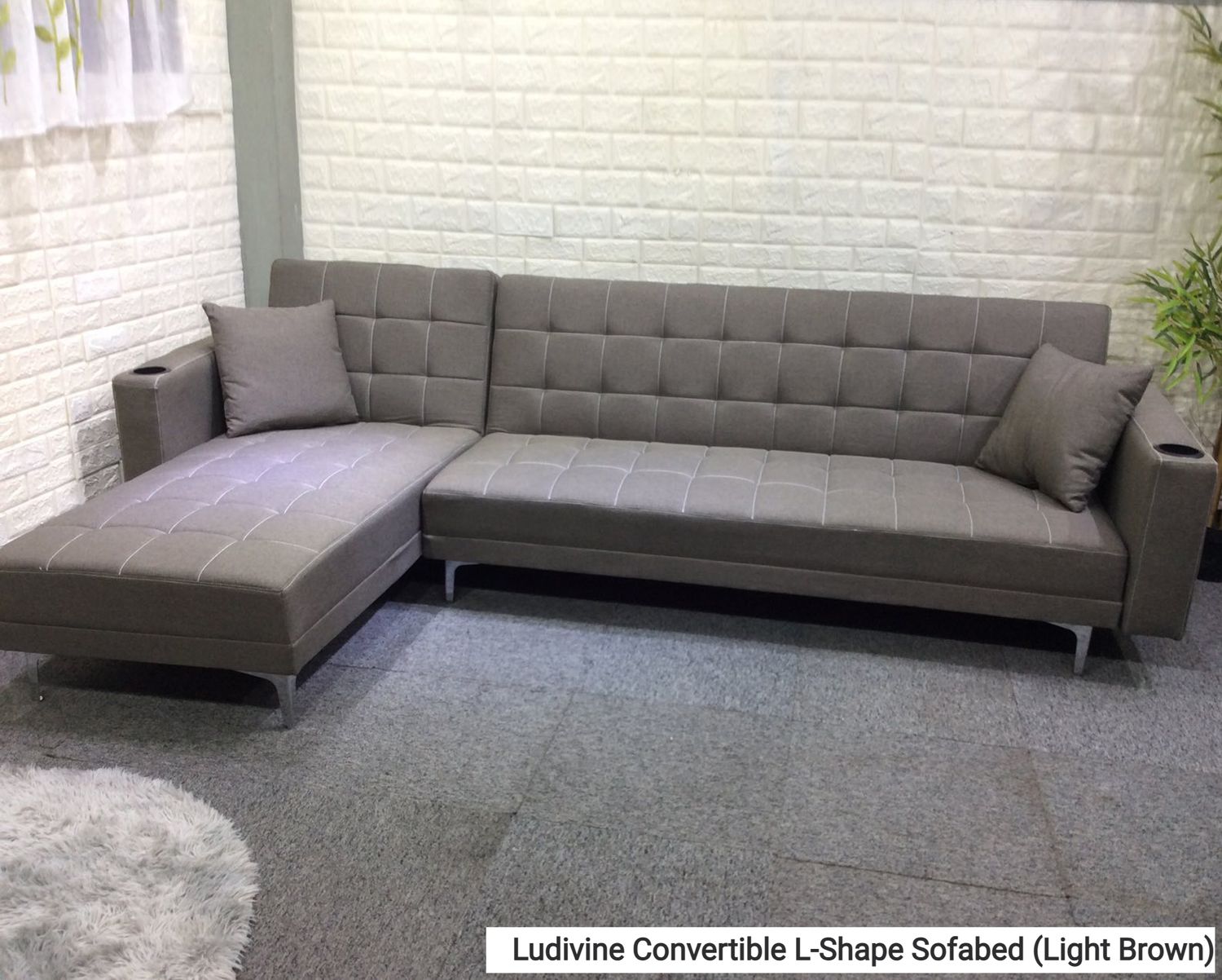Flotti Ludivine Convertible L-Shape Sofabed with Cupholder &amp; Two Pillows (Light Brown, Grey, Black PU), Color:: Ludivine Convertible L-Shape Sofabed (Light Brown)