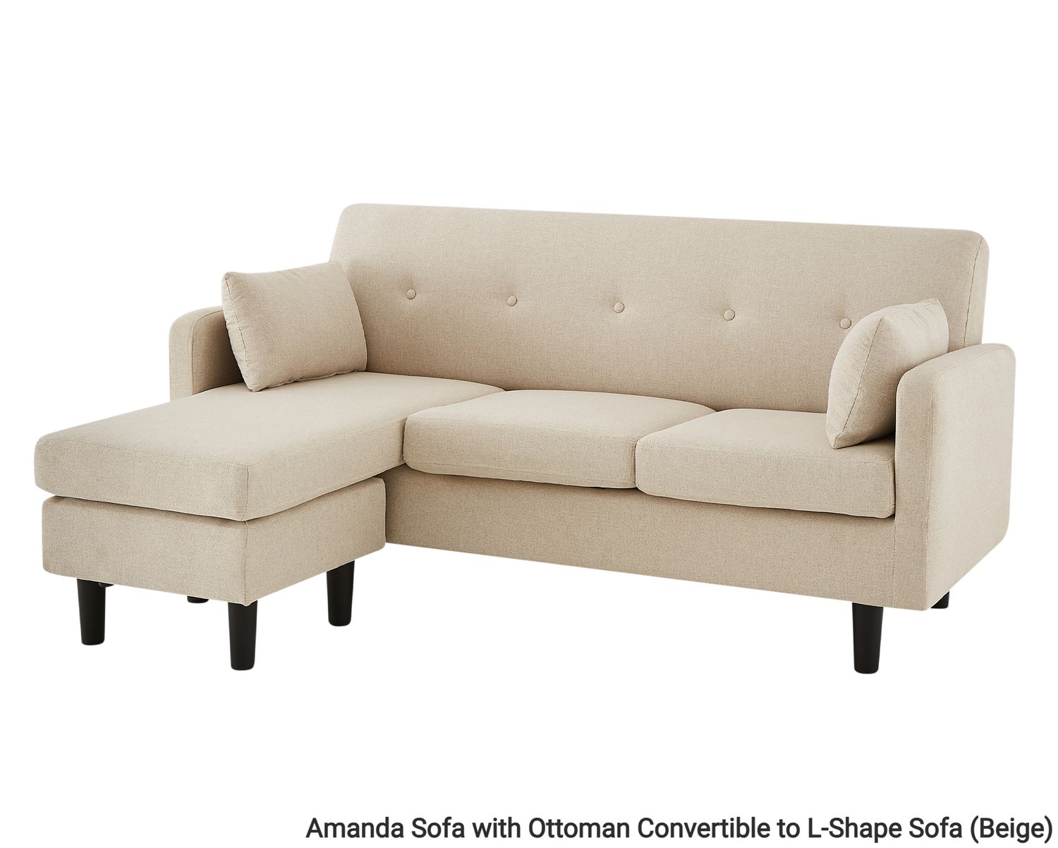 Flotti Amanda Sofa with Ottoman Convertible/Reversible L-Shape Sofa, with 2 Pillows (Grey, Beige), Color:: Amanda Sofa with Ottoman Convertible to L-Shape Sofa (Beige)