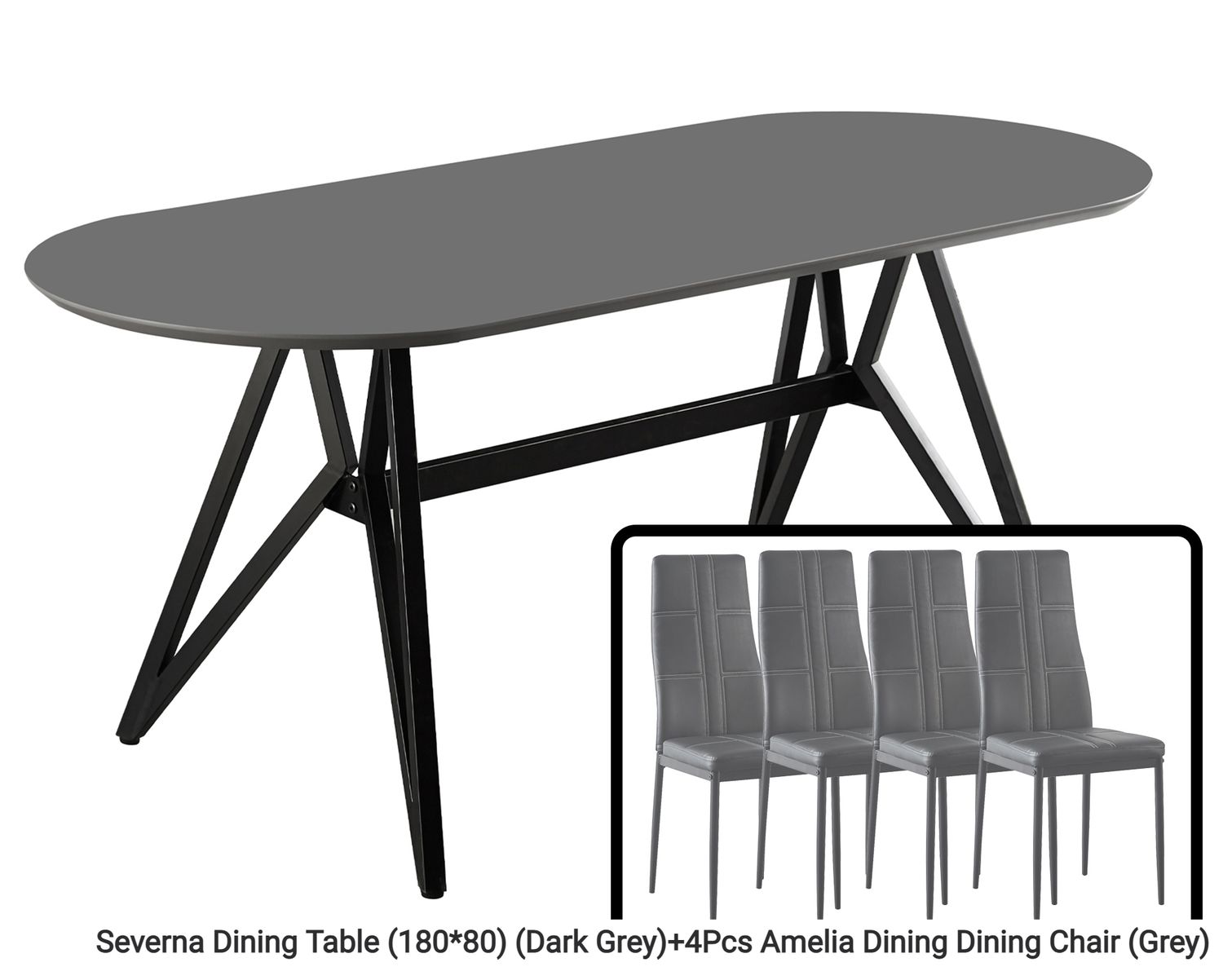 Ofix Severna Dining Table + 4Pcs Dining Chair (Shoda Dining Chair, Amelia Dining Chair Grey) (180*80), Dining Set Option: Severna Dining Table (180*80) (Dark Grey)+4Pcs Amelia Dining Dining Chair (Grey)