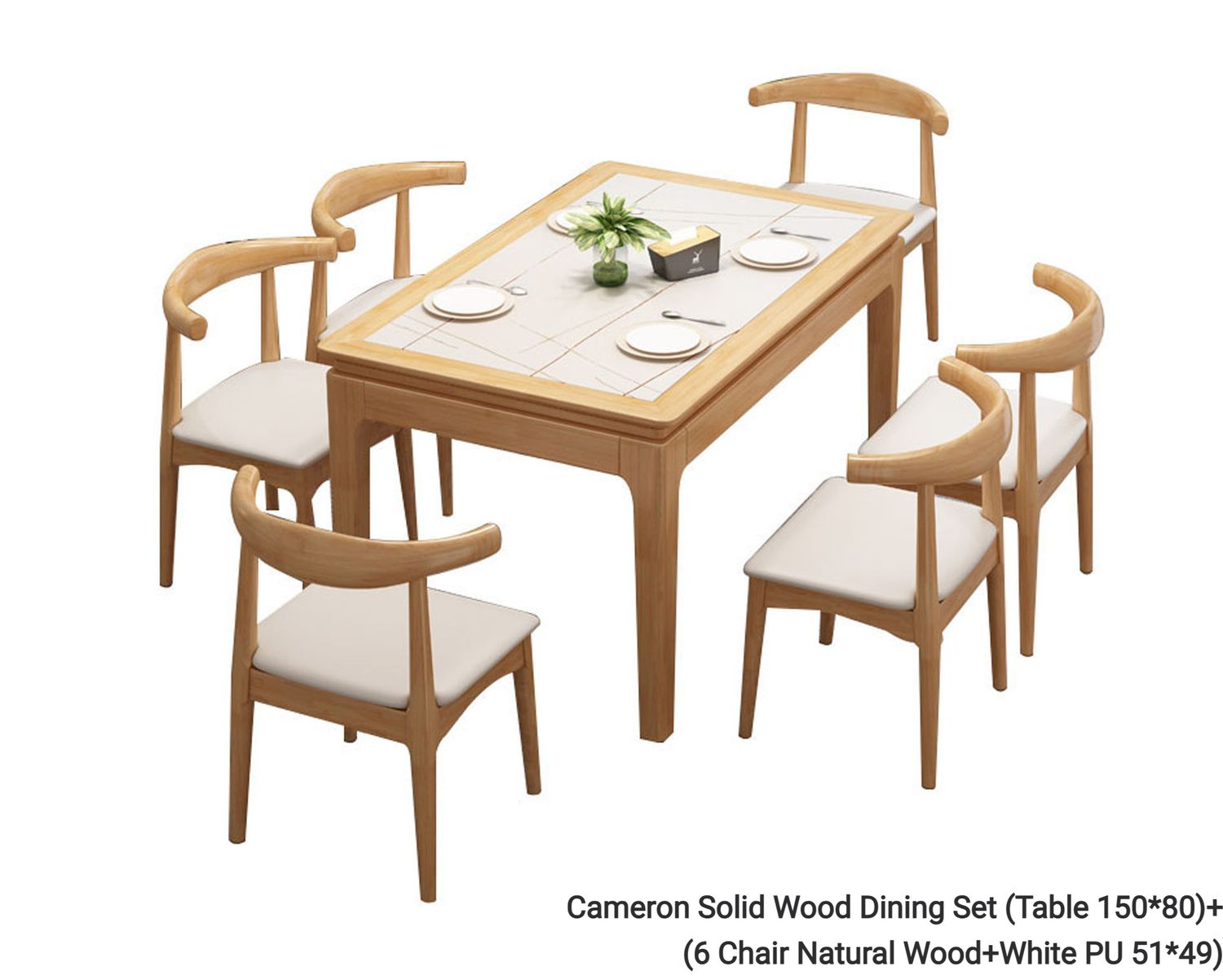 Ofix Cameron Solid Thailand Rubberwood Dining Set (Dining Table+6 Dining Chair) (150*80), Option: Cameron Solid Wood Dining Set (Table 150*80)+(6 Chair Natural Wood+White PU 51*49)