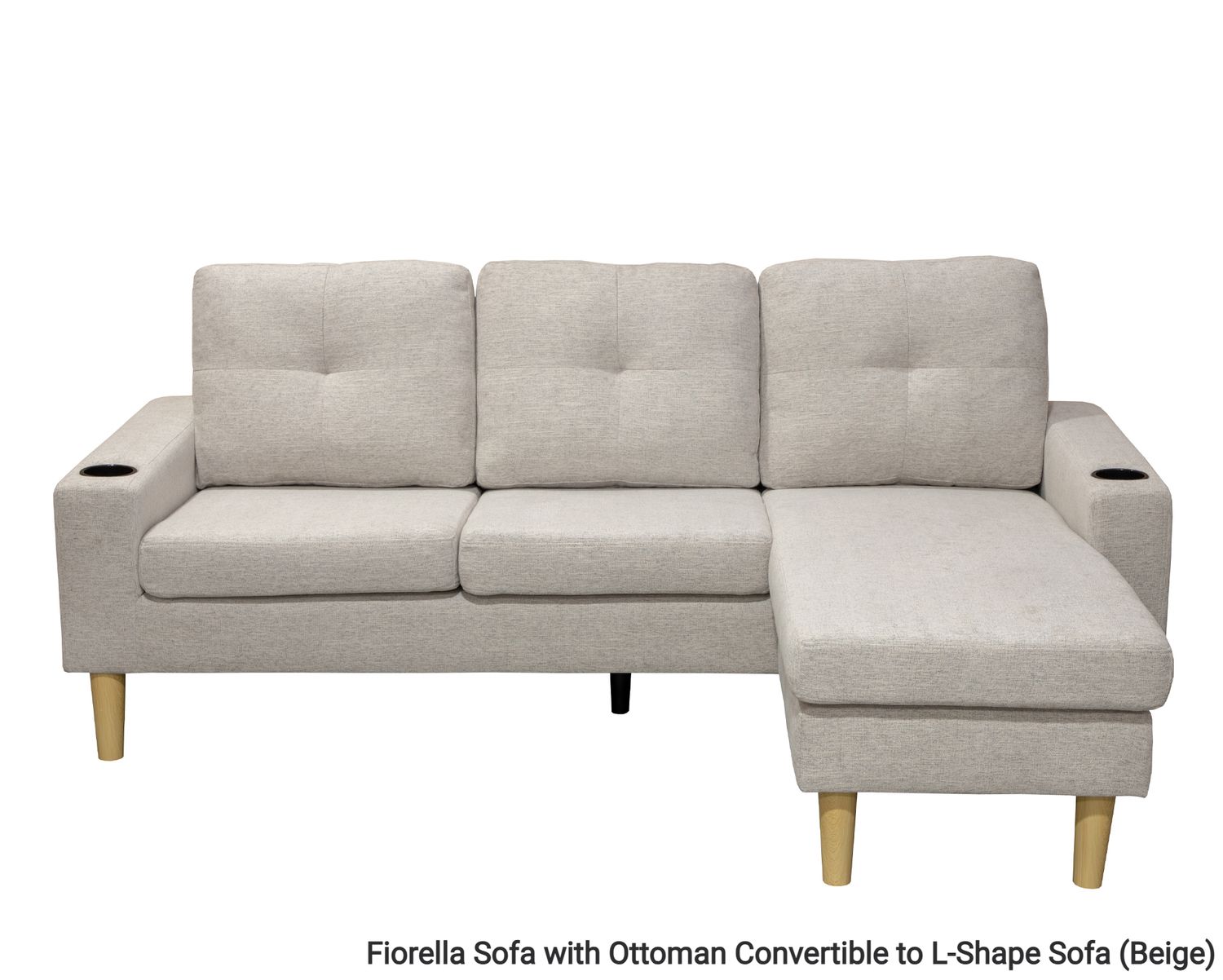 Flotti Fiorella Sofa with Ottoman Convertible/Reversible L-Shape Sofa, with 2 Cup Holders (Grey, Beige, Brown, Aegean Teal), Color:: Fiorella Sofa with Ottoman Convertible to L-Shape Sofa (Beige)