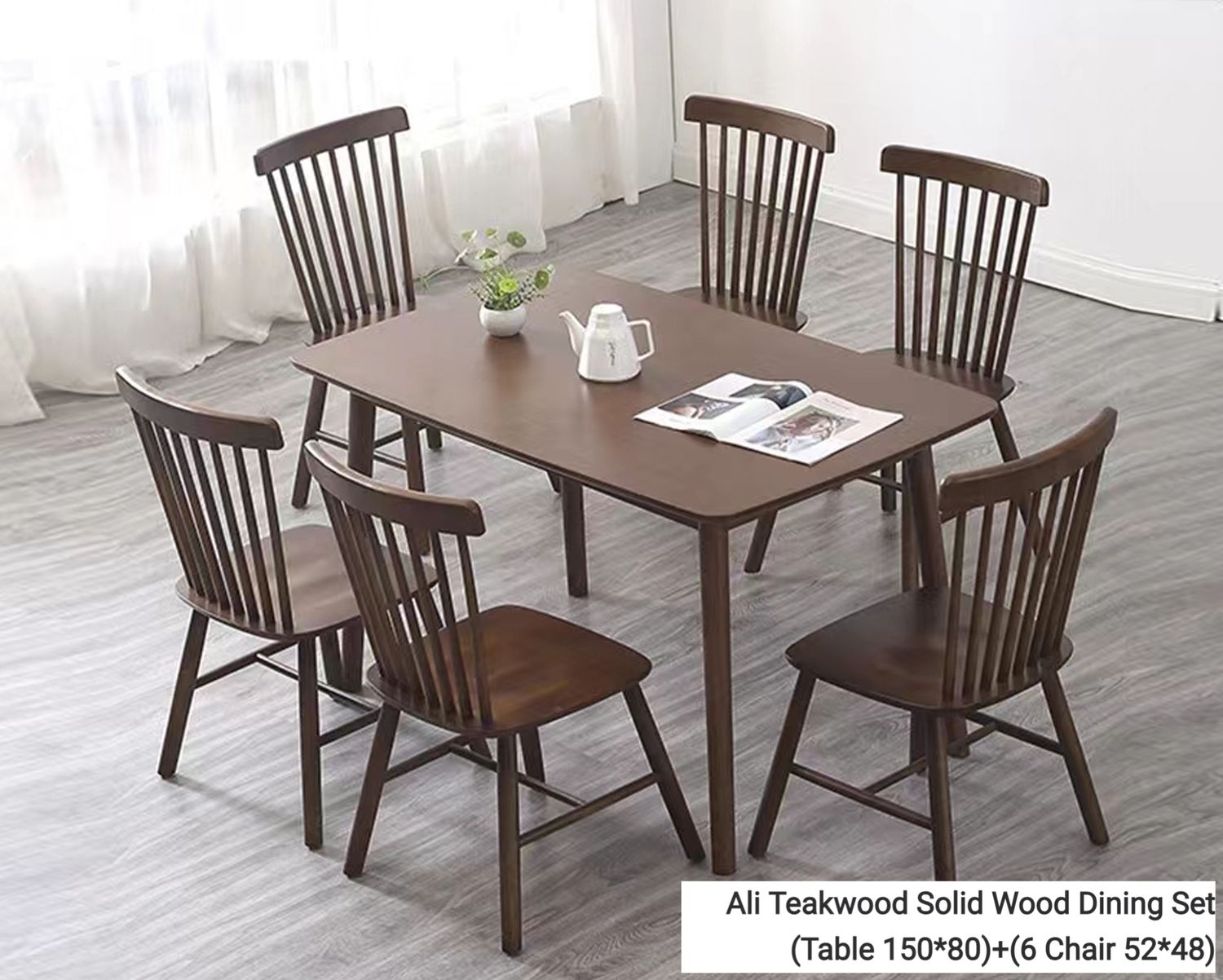 Ofix Ali Solid Thailand Rubberwood Dining Set (Dining Table+6 Dining Chair) (150*80), Option: Ali (Teakwood) Solid Wood Dining Set (Table 150*80)+(6 Chair 52*48)