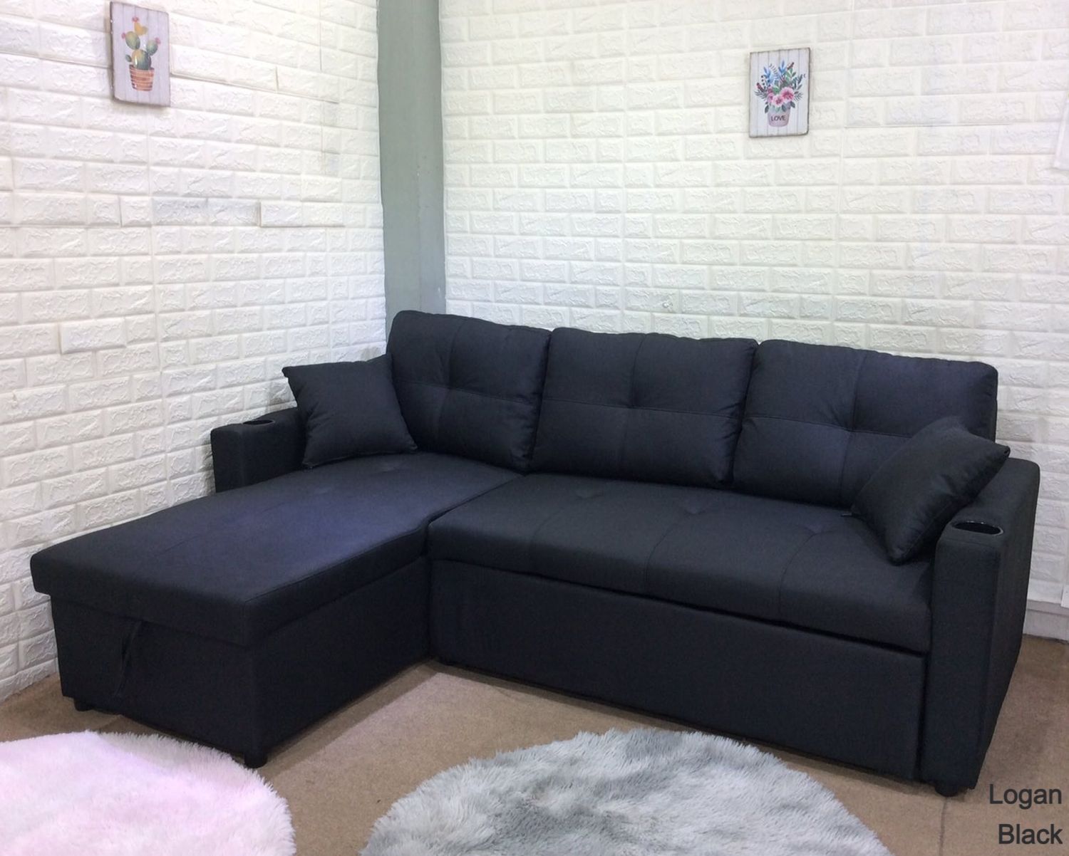 Flotti Logan Reversible/Convertible L-Shape Sofa with Pull-Out Bed and Storage (Black, Brown, Grey, Beige), Color:: Logan (Black)