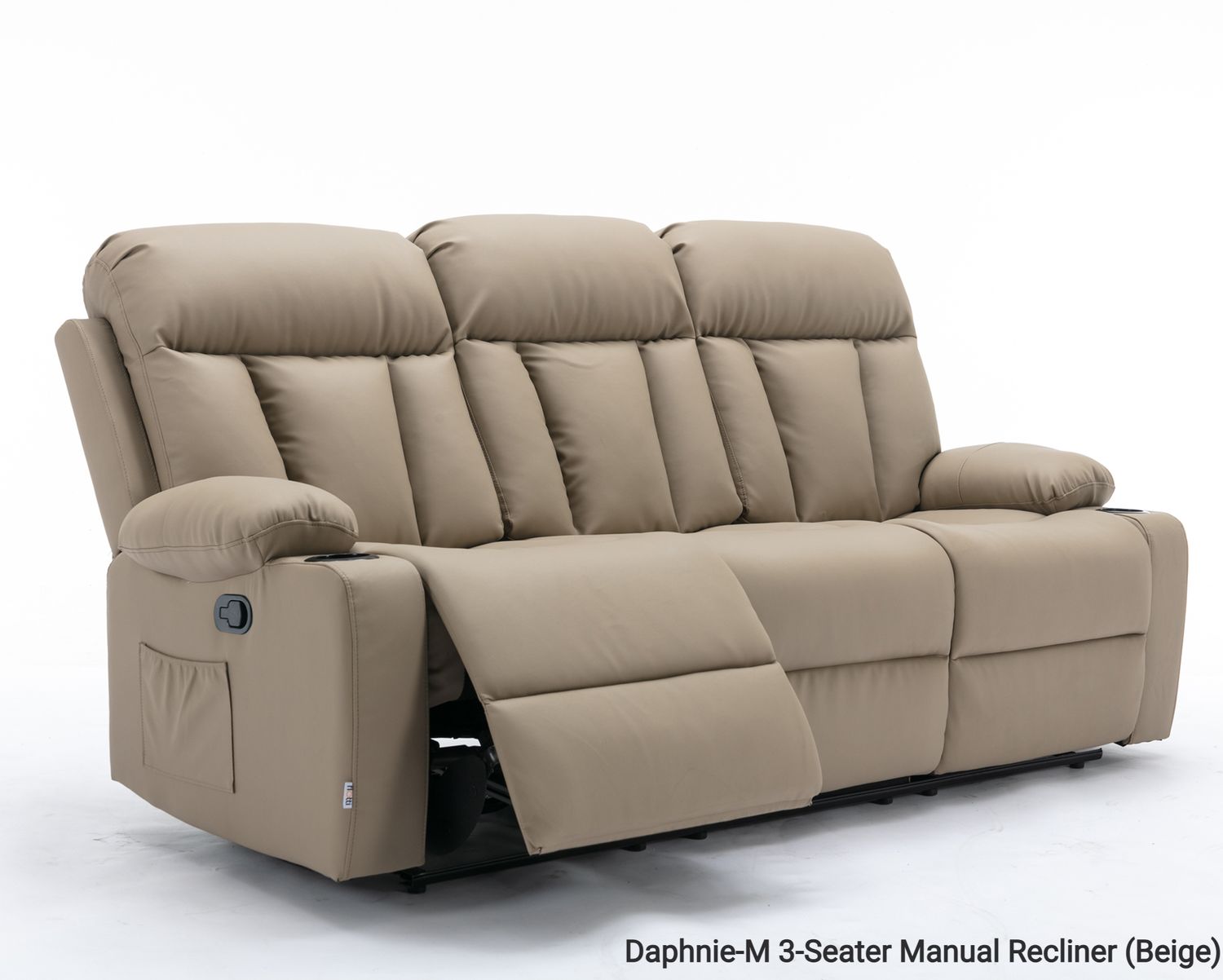 Flotti Daphnie-XL-3-Seater Air Leather (Manual Recliner/ Power Recliner)  with Cup Holder and Side Pocket (Beige, Black), Model/ Color: Daphnie-M 3-Seater Manual Recliner (Beige) (SOLD OUT, PRE-ORDER FOR MID NOVEMBER)