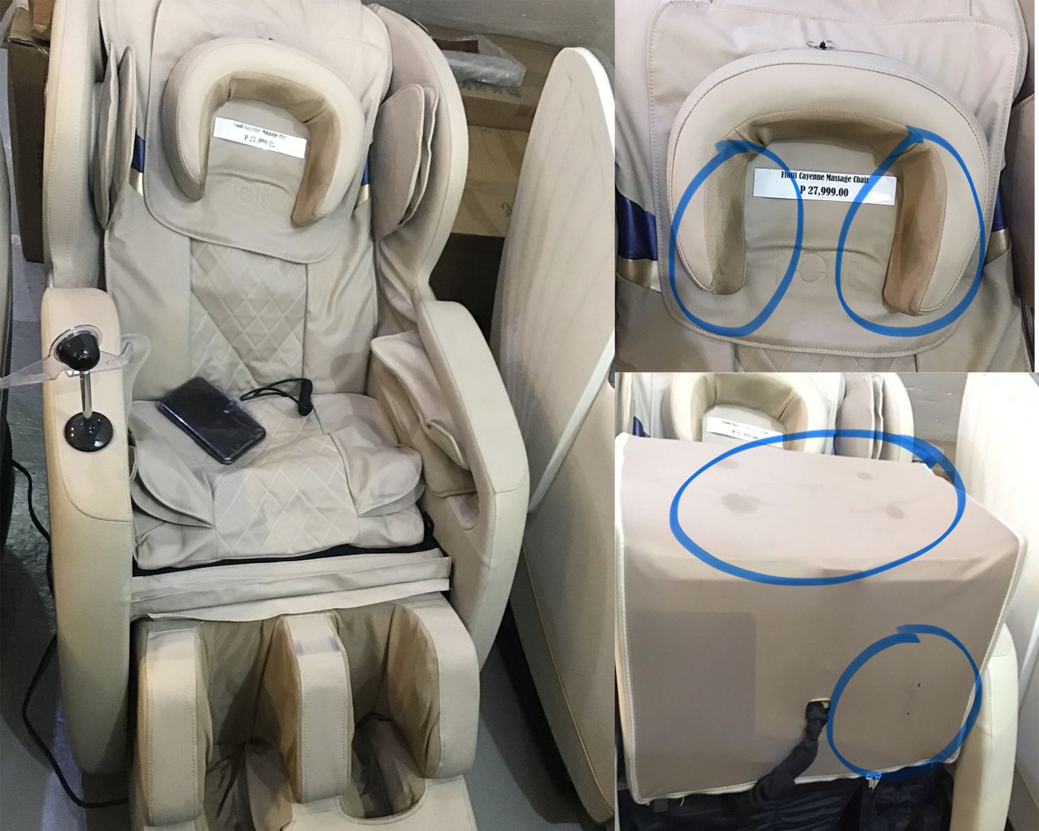 (Sale) Flotti Cayenne Massage Sofa w/ U Pillow head Massage (Khaki) (Stain on U-Head Pillow/ Small Holes on Footrest), COLOR: 082525CUB-D Flotti Cayenne Massage Chair  (SALE FROM 27,999))