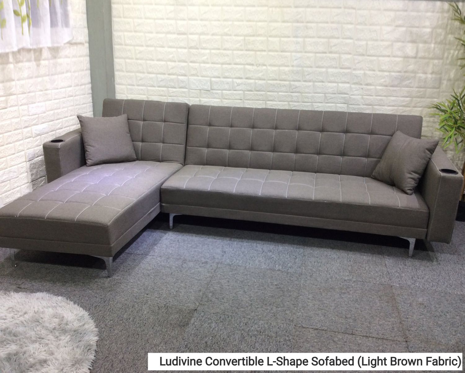 Flotti Ludivine Convertible L-Shape Sofabed with Cupholder &amp; Two Pillows (Light Brown, Grey, Black PU), Color:: Ludivine Convertible L-Shape Sofabed (Light Brown Fabric)