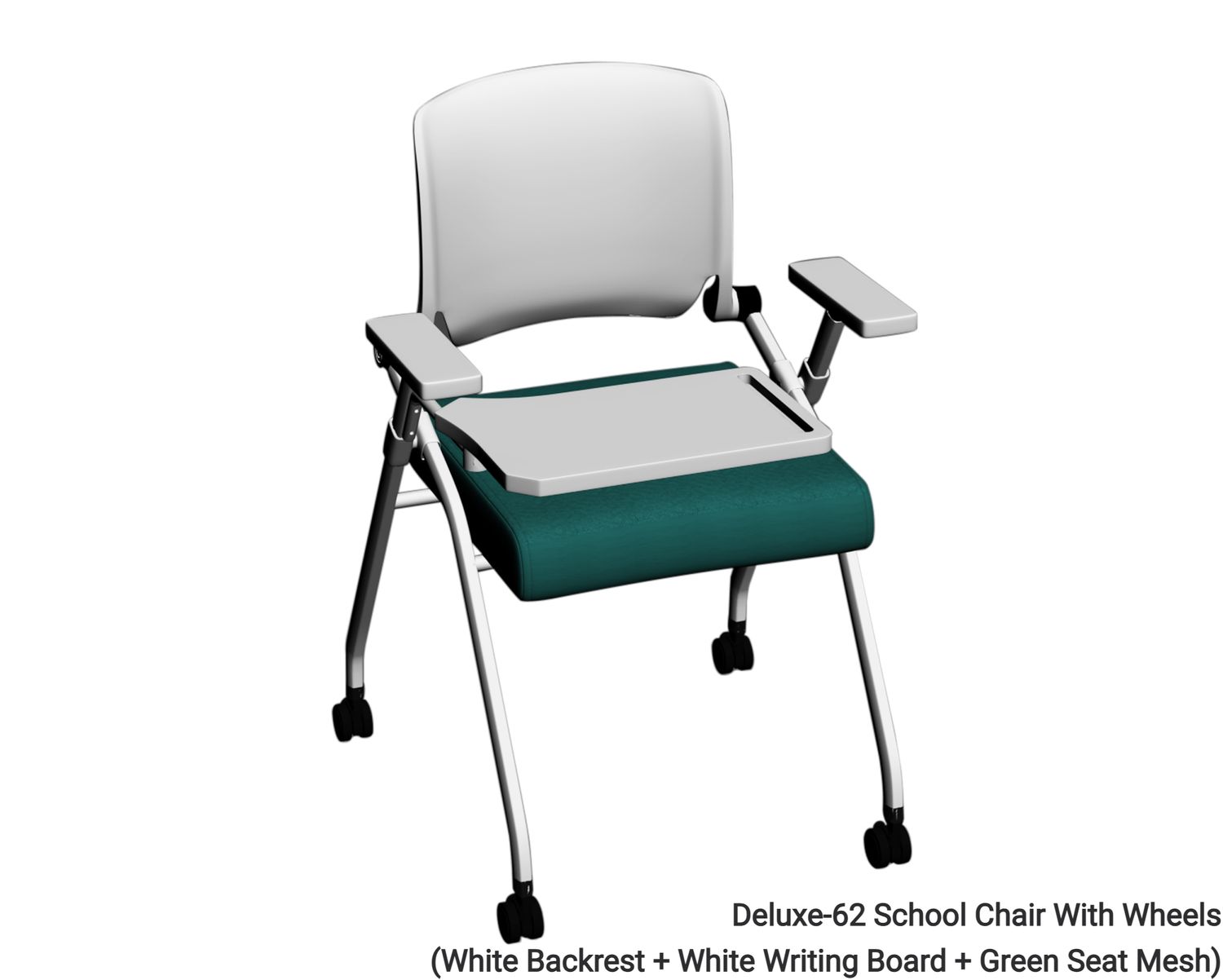 Ofix Deluxe-62 School Chair With Wheels (White+Green), Model: Deluxe-62 School Chair With Wheels (White Backrest + White Writing Board + Green Seat Mesh)