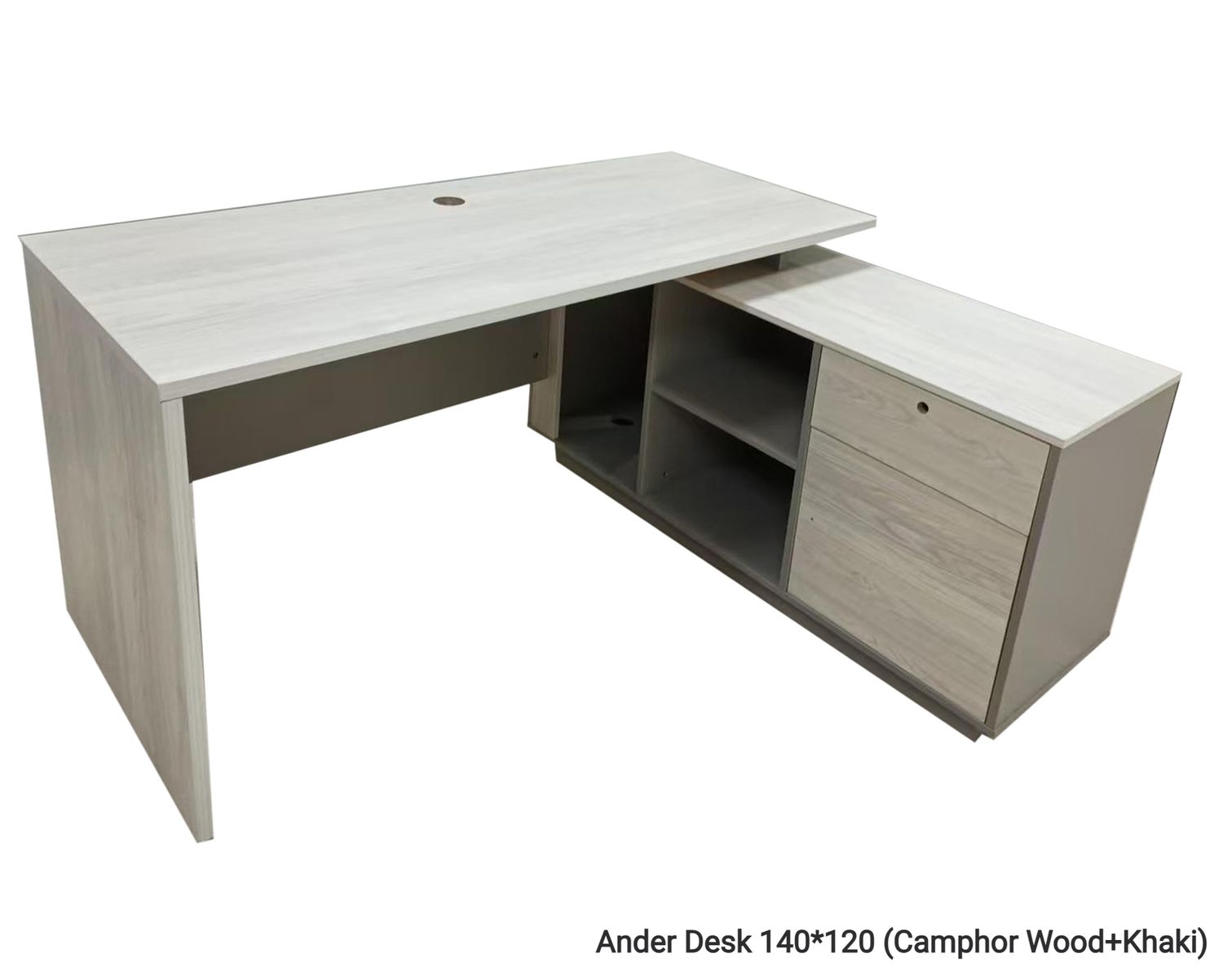 Ofix Ander Desk  Executive Table with Side Cabinet (Camphor Wood+Khaki, Gold Powder Wood+Chocolate, Ebony Wood+Chocolate), Model: Ander Desk 140*120 (Camphor Wood+Khaki)