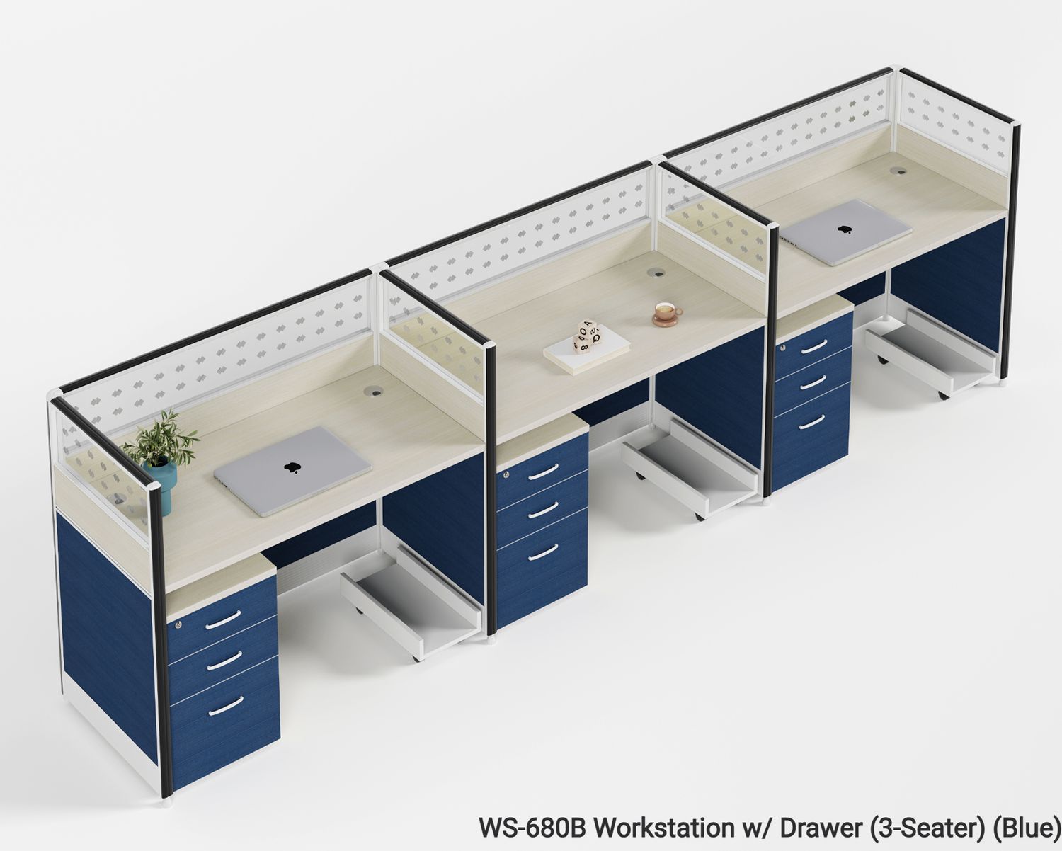 Ofix WS-680 3 Seater Workstation Partition Cubicle w/ Drawer (Blue), Model: WS-680B Workstation w/ Drawer (3-Seater) (Blue)