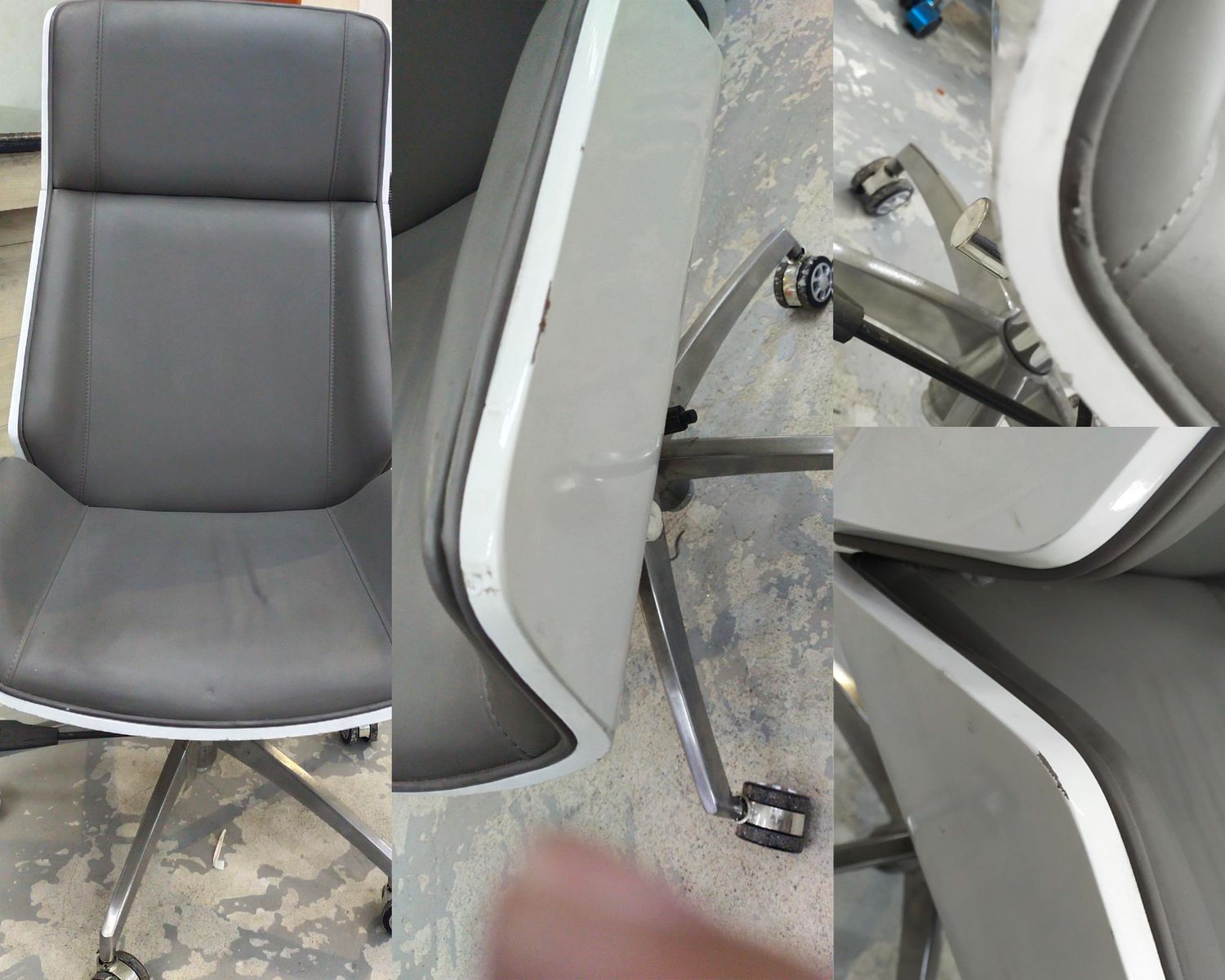 (Sale) Ofix Premium H10 Bentwood Walnut Office Chair  (Walnut Frame-Black PU Leather-*Torn &amp; Scratches) (Ashwood Frame-White PU Leather-* Backrest Wood Dents &amp; Leather Stains), Color Option:: 100625AU-D Premium H10 White Grey (Leather seat bottom sagging/Scratches/Torn) (SALE)