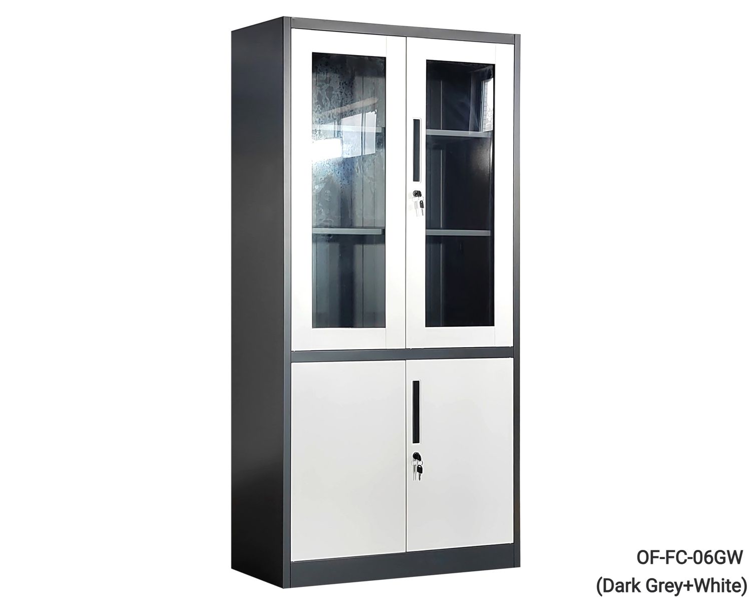 Ofix 5-Layer Glass &amp; Metal Swing Door Steel Cabinet (White+Grey), Model:: OF-FC-06GW 5-Layer Glass &amp; Metal Swing Door Steel Cabinet (Dark Grey+White)