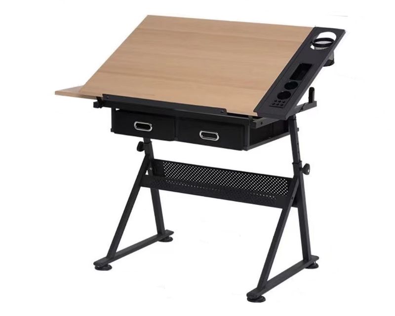 Ofix ML-032 Drafting Wood Table Height Adjustable with Extra Table Drawers (Natural Wood) (Stool is Not Included)