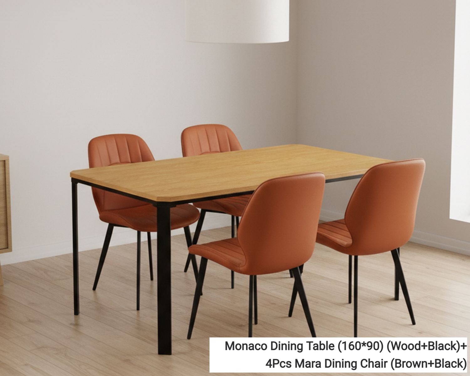 Ofix Monaco Dining Table + 4Pcs Dining Chair (Mara Dining Chair) (160*90), Dining Set Option: Monaco Dining Table (160*90) (Wood+Black)+4Pcs Mara Dining Chair (Brown+Black)
