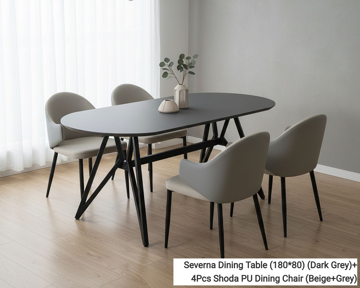 Ofix Severna Dining Table + 4Pcs Dining Chair (Shoda Dining Chair) (180*80), Dining Set Option: Severna Dining Table (180*80) (Dark Grey)+4Pcs Shoda PU Dining Chair (Beige+Grey)