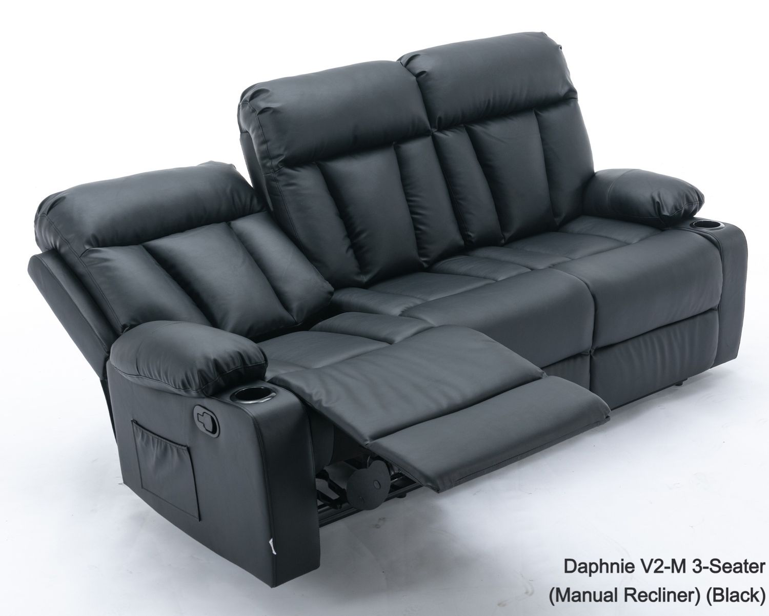 Flotti Daphnie-XL-3-Seater Air Leather (Manual Recliner/ Power Recliner)  with Cup Holder and Side Pocket (Black, Beige, Light Beige), Model/ Color: Daphnie-M 3-Seater Manual Recliner (Black)