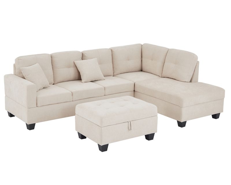 Flotti Hamilton Polyester Fabric Corner Sofa w/ Ottoman Storage, 2 Pillows &amp; 2 Cup Holder (Beige, Grey, Brown)