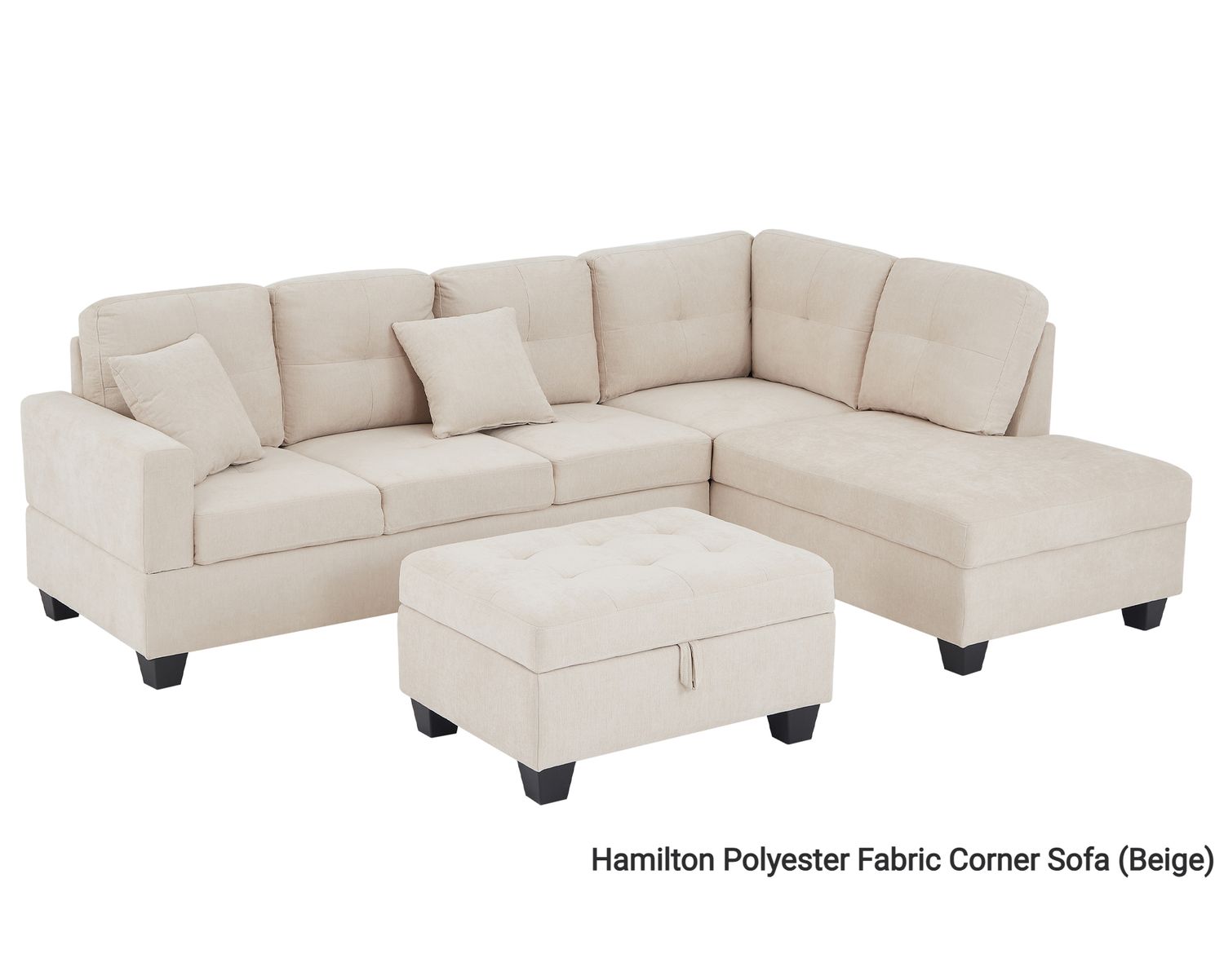 Flotti Hamilton Polyester Fabric Corner Sofa w/ Ottoman Storage, 2 Pillows &amp; 2 Cup Holder (Beige, Grey, Brown), Color/ Option: Hamilton Polyester Fabric Corner Sofa (Beige)