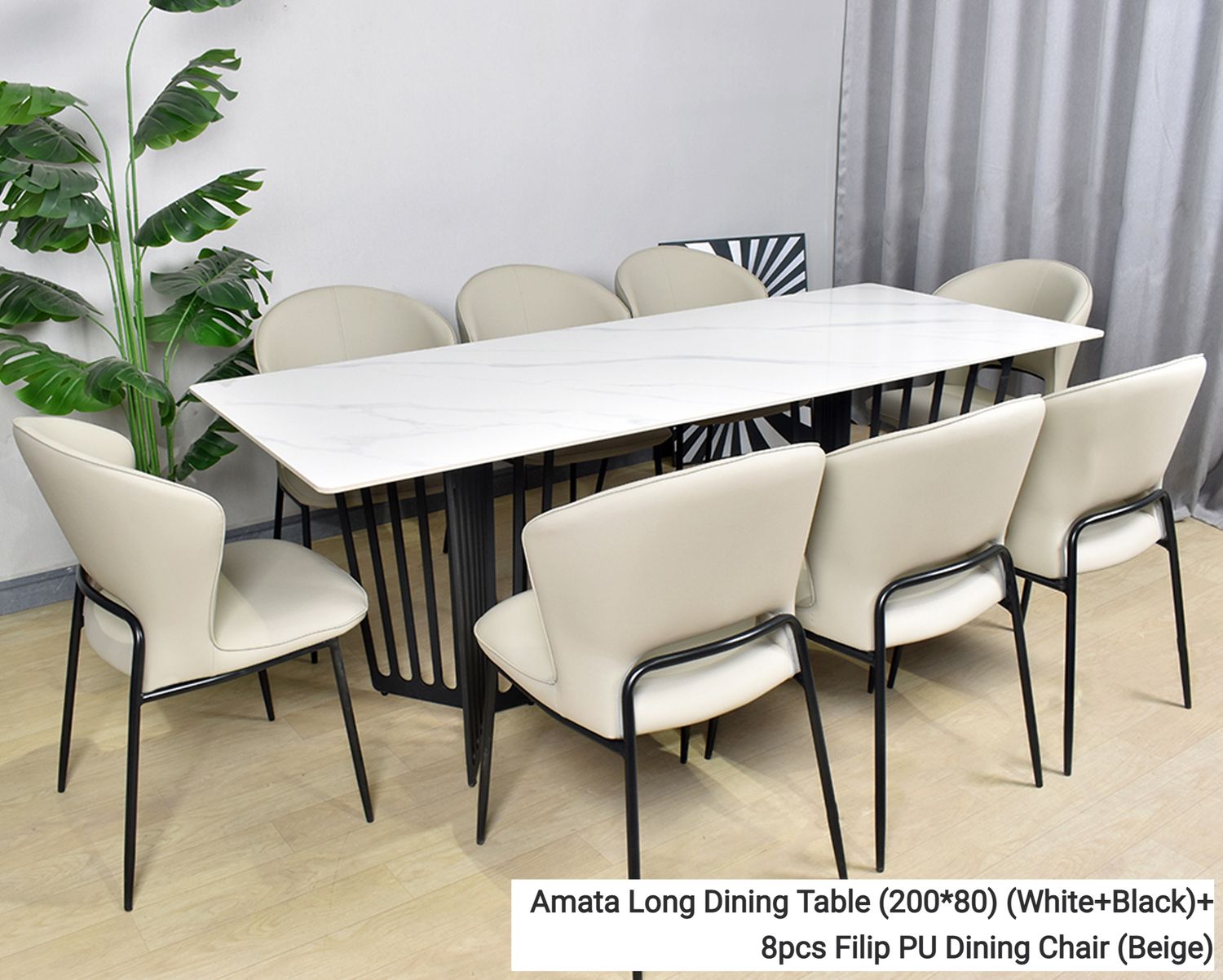 Ofix Amata Long Dining Chair &amp; Table Set (8pcs Akito / Filip / Ayaka / Magnus / Shoda / Dining Chair) (White+Black) (200*80), Option: Amata Long Dining Table (200*80) (White+Black)+8pcs Filip PU Dining Chair (Beige)