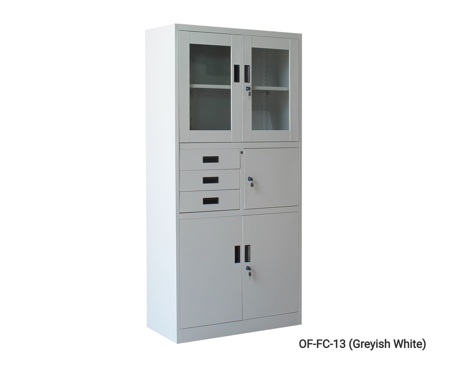 Ofix Swing Glass Steel Cabinet w/ 3 Side Drawers, 1 Swing Door (Greyish White), Model:: OF-FC-13 (Greyish White)