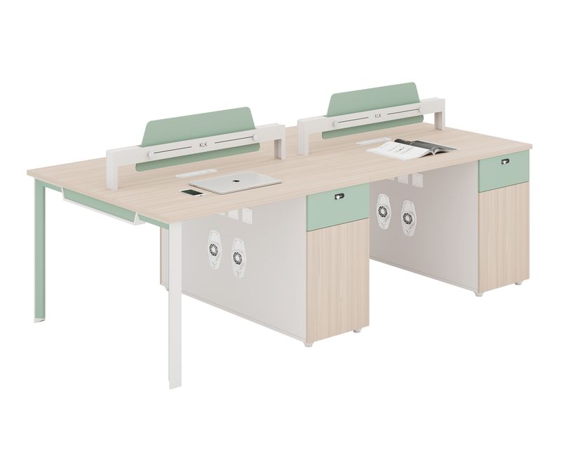 Ofix WS-889 4-Seater Workstation Partition Cubicle w/ Side Drawer (Morandi Grey+Woodgrain)