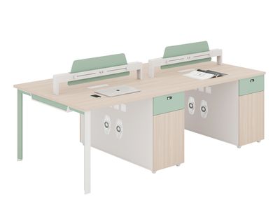 Ofix WS-889 4-Seater Workstation Partition Cubicle w/ Side Drawer (Morandi Grey+Woodgrain)