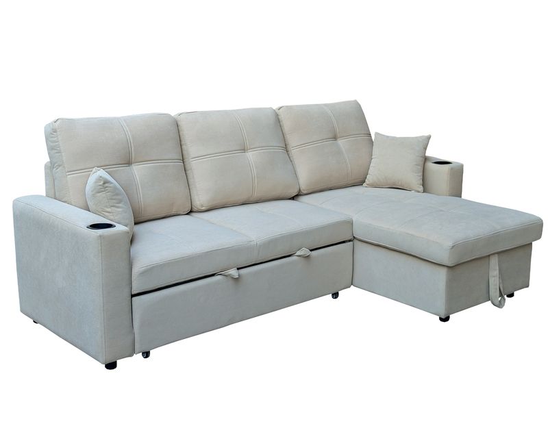 Flotti Logan Reversible/Convertible L-Shape Sofa with Pull-Out Bed and Storage (Grey, Beige, Light Brown)