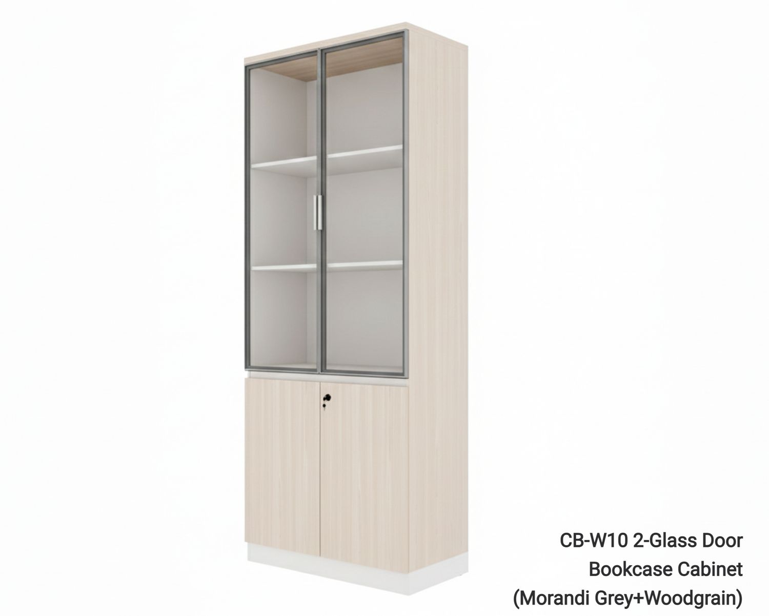 Ofix CB-W10 2-Glass Door 3-Layer Bookcase Cabinet + 2-Door Cabinet w/ Lock (Morandi Grey+Woodgrain), Model:: CB-W10 2-Glass Door Bookcase Cabinet (Morandi Grey+Woodgrain)