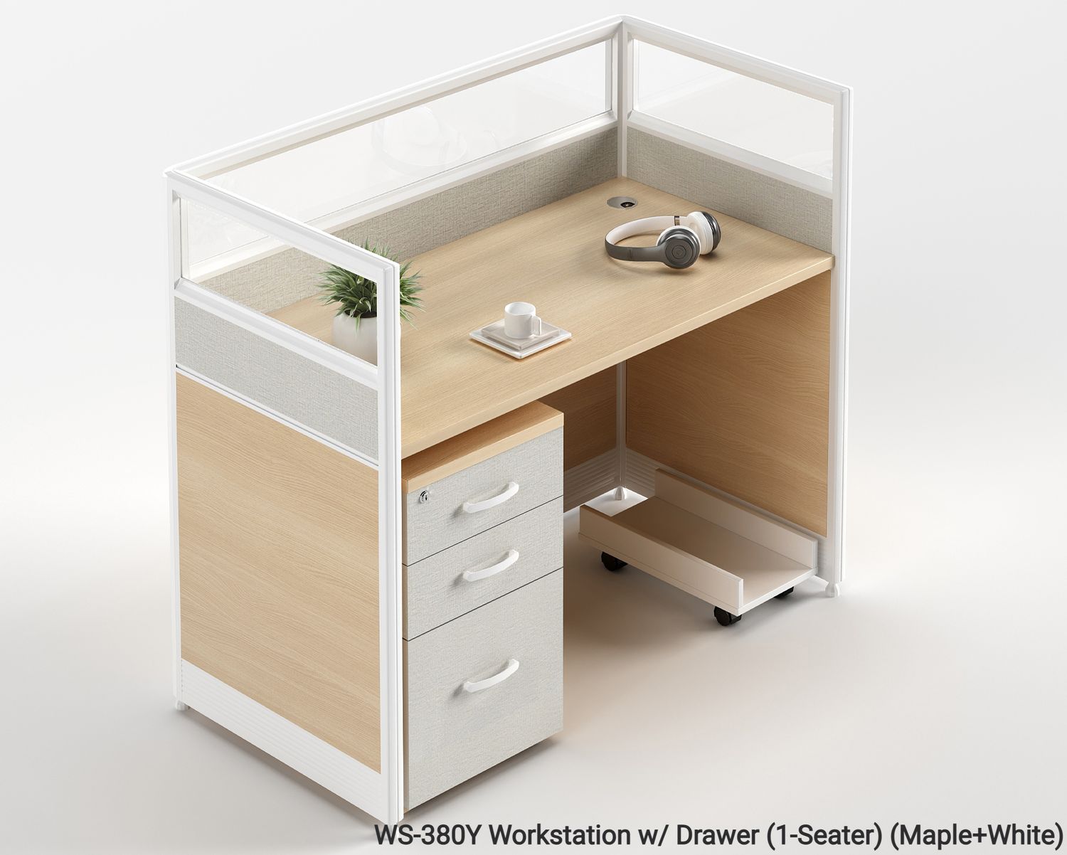 Ofix WS-380 1 Seater Workstation Partition Cubicle w/ Drawer (Maple), Model: WS-380Y Workstation w/ Drawer (1-Seater) (Maple+White)