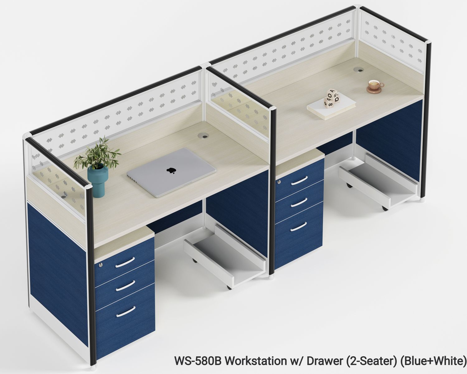 Ofix WS-580 2-Seater Workstation Partition Cubicle w/ Drawer (Blue), Model: WS-580B Workstation w/ Drawer (2-Seater) (Blue+White)
