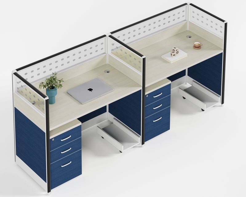 Ofix WS-580 2-Seater Workstation Partition Cubicle w/ Drawer (Blue)