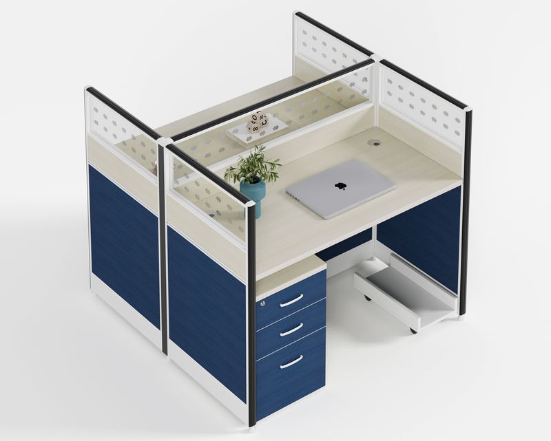Ofix WS-480 2 Seater Workstation Partition Cubicle w/ Drawer (Blue, White)