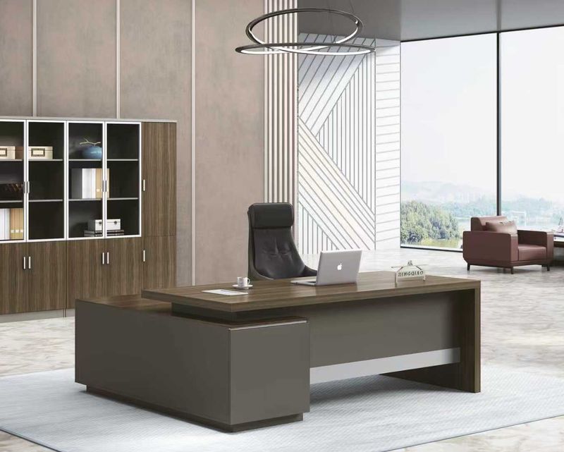 Ofix Monrow Desk  Executive Table with Side Cabinet (Ebony Wood+Chocolate)