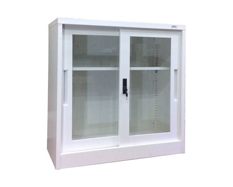 Ofix 2-Layer Glass Sliding Door Steel Cabinet (Grey+White, White)