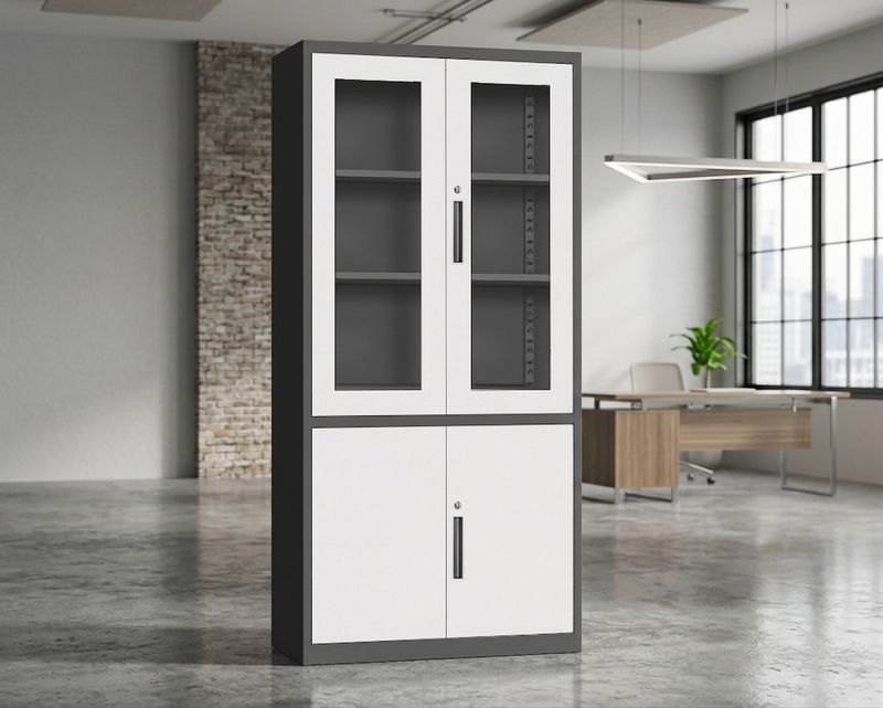 Ofix 5-Layer Glass &amp; Metal Swing Door Steel Cabinet (White, Grey+White)