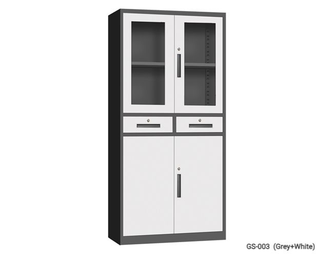 Ofix 4-Layer Glass &amp; Metal Swing Door with 2-Drawer Steel Cabinet (White, Grey+White, Dark Grey+White), Model:: (GS-003) (0.6mm thickness) (Grey+White)