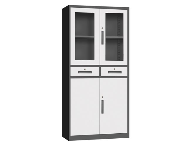 Ofix 4-Layer Glass &amp; Metal Swing Door with 2-Drawer Steel Cabinet (Grey+White, Dark Grey+White)