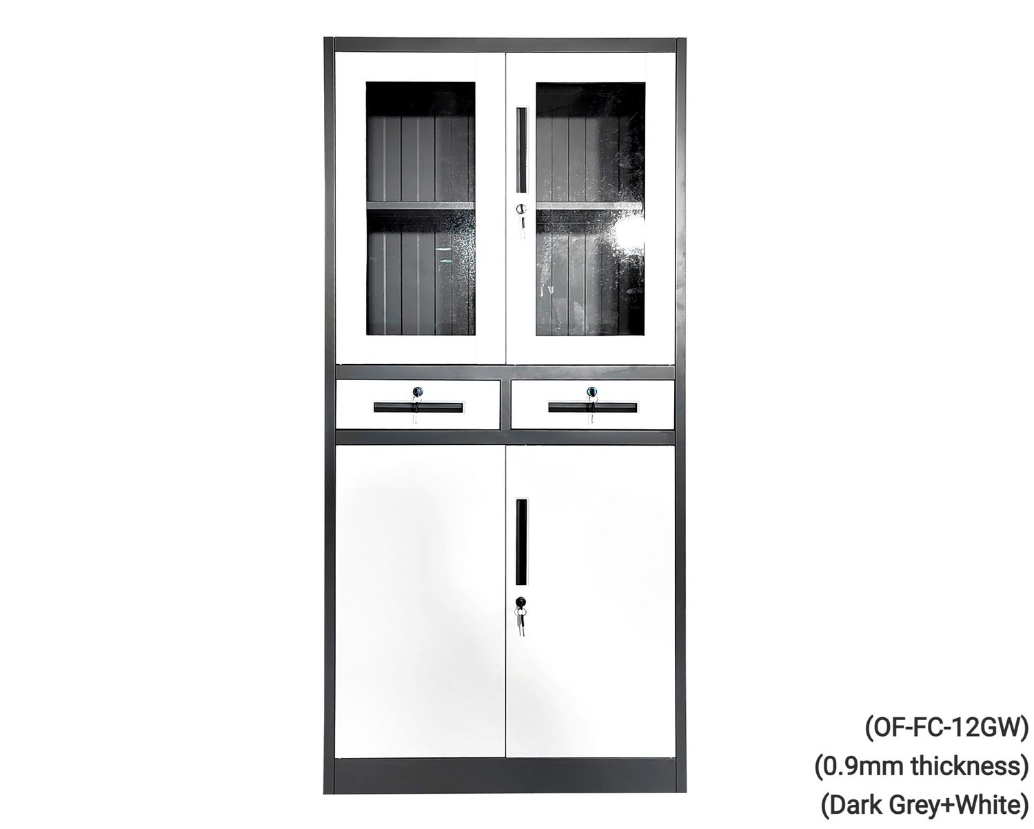 Ofix 4-Layer Glass &amp; Metal Swing Door with 2-Drawer Steel Cabinet (Dark Grey+White), Model:: (OF-FC-12GW) (0.9mm thickness) (Dark Grey+White)