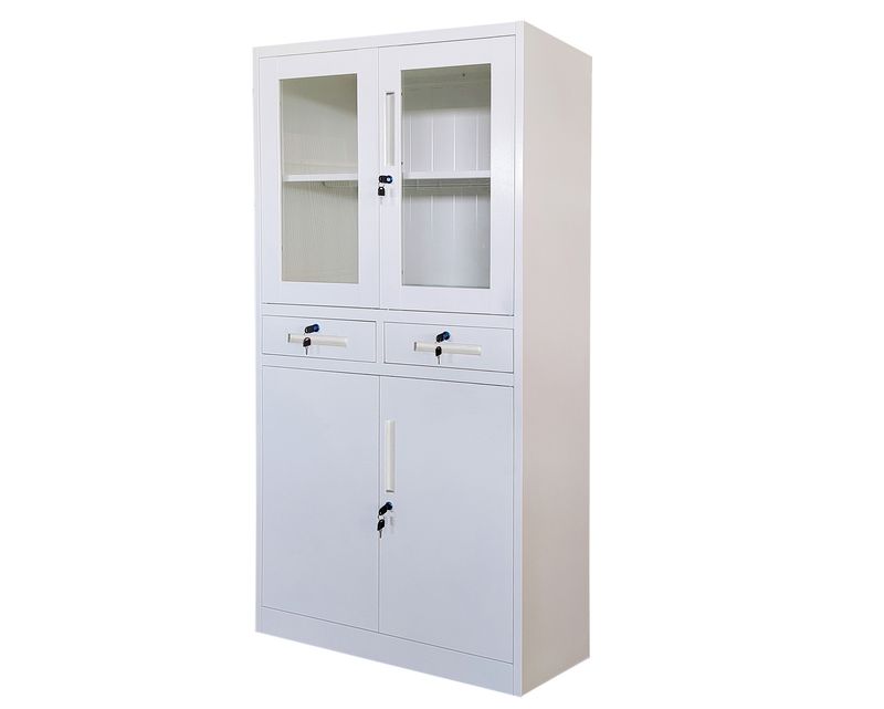 Ofix 4-Layer Glass &amp; Metal Swing Door with 2-Drawer Steel Cabinet (White, Grey+White, Dark Grey+White)