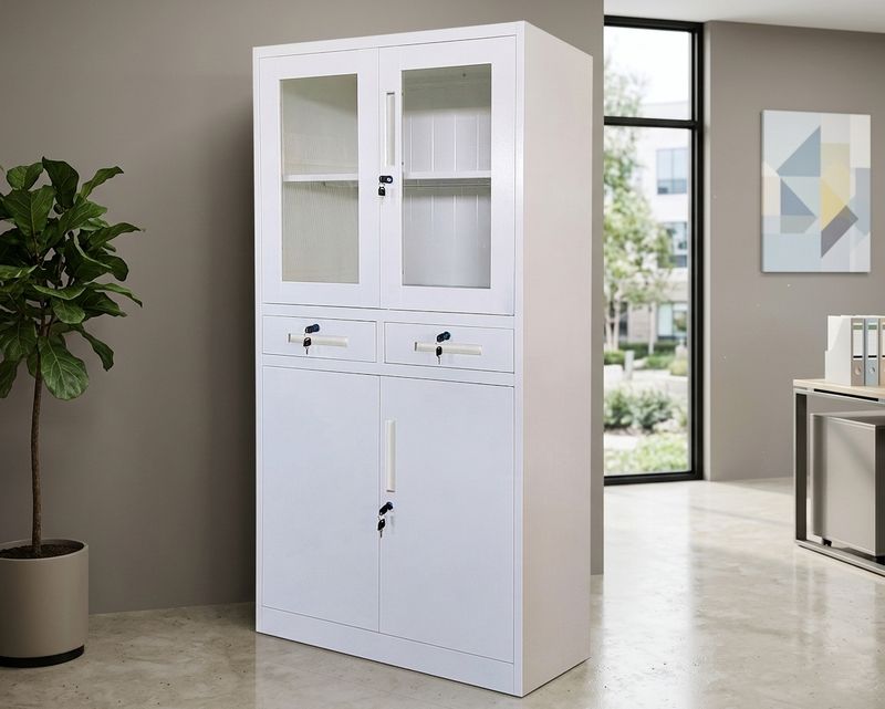 Ofix 4-Layer Glass &amp; Metal Swing Door with 2-Drawer Steel Cabinet (White, Grey+White, Dark Grey+White)