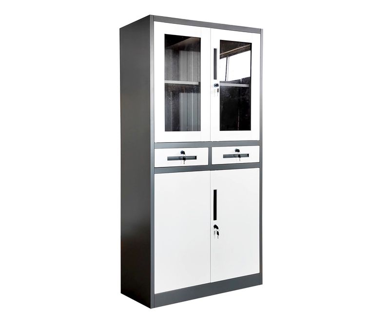 Ofix 4-Layer Glass &amp; Metal Swing Door with 2-Drawer Steel Cabinet (Grey+White, Dark Grey+White)