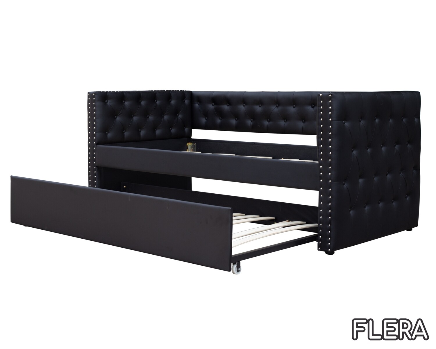 Flotti  Flera / Dagbadd with Trundle (Mattress not included) (Black, Grey), Color:: Flera Daybed w/ Trundle (Black PU)