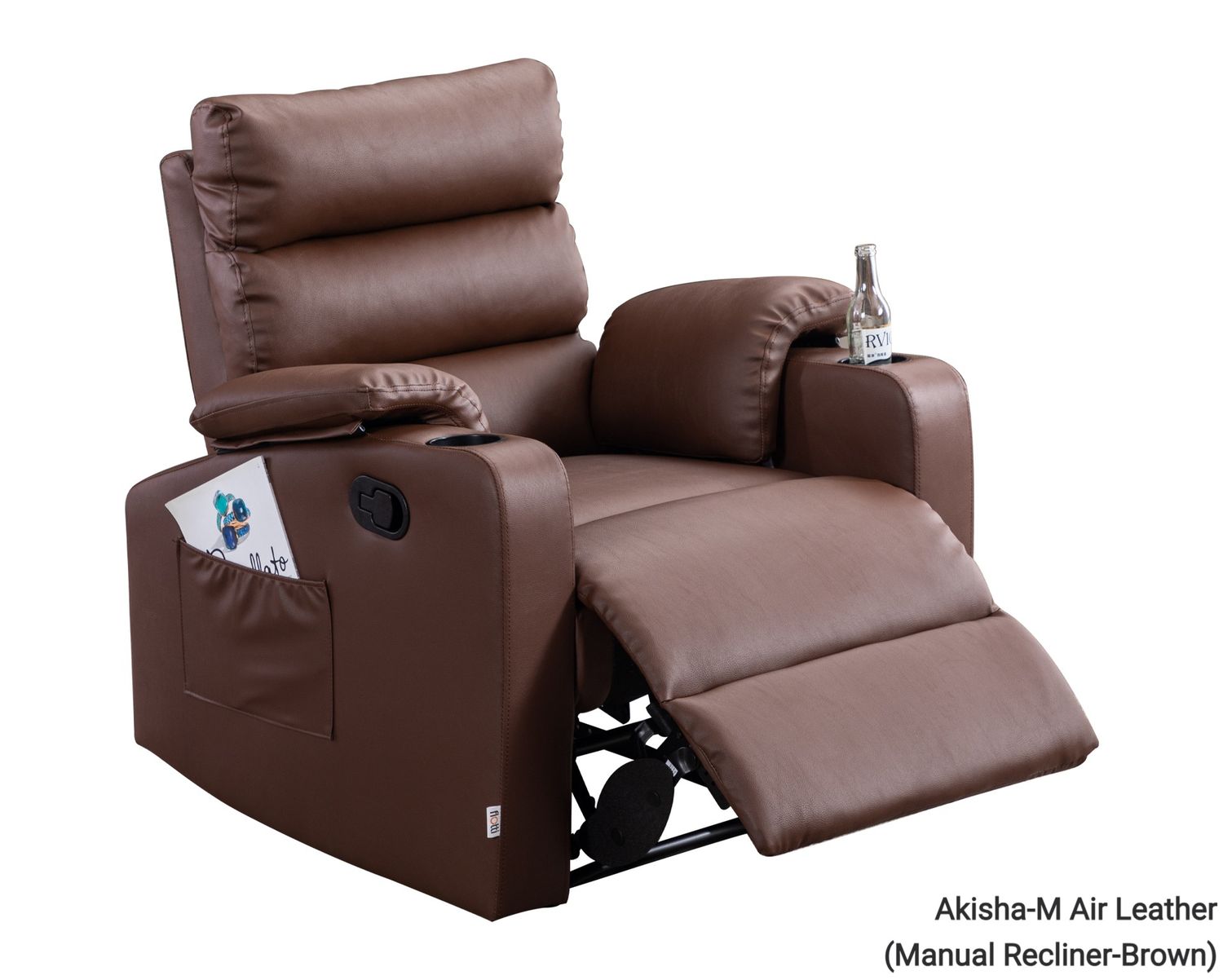 Flotti Akisha Air Leather Manual Recliner / Power Recliner with Cup Holder and Side Pocket (Brown, Beige, Black, Mud Grey), Color: Akisha-M Air Leather (Manual Recliner-Brown)