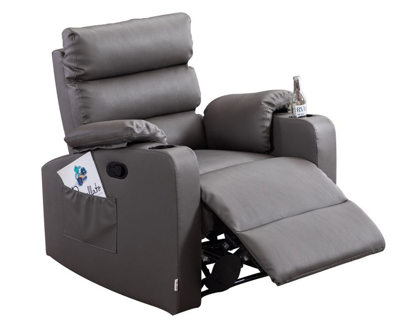 Flotti Akisha Air Leather Manual Recliner / Power Recliner with Cup Holder and Side Pocket (Black, Mud Grey)
