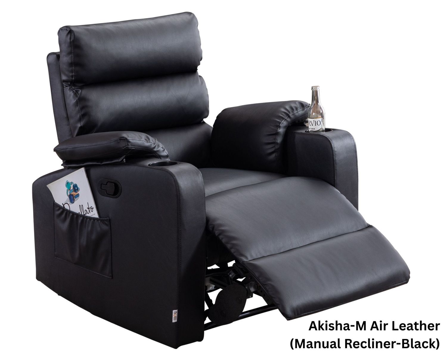 Flotti Akisha Air Leather Manual Recliner / Power Recliner with Cup Holder and Side Pocket (Black, Mud Grey), Color: Akisha-M Air Leather (Manual Recliner-Black)