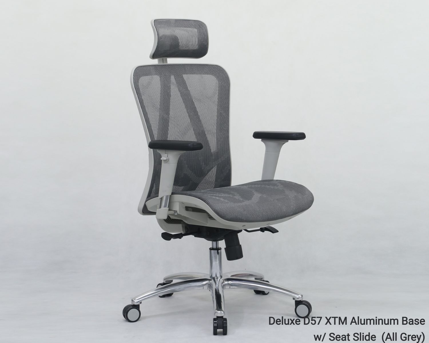 XTM Deluxe-D57 XTM Full Mesh Chair with Seat Slide  Aluminum Base, 2D Lumbar Support &amp; 3D Armrest Office Chair (Grey) (2 Year Warranty), Model:: Deluxe D57 XTM Aluminum Base, w/ Seat Slide  (All Grey)