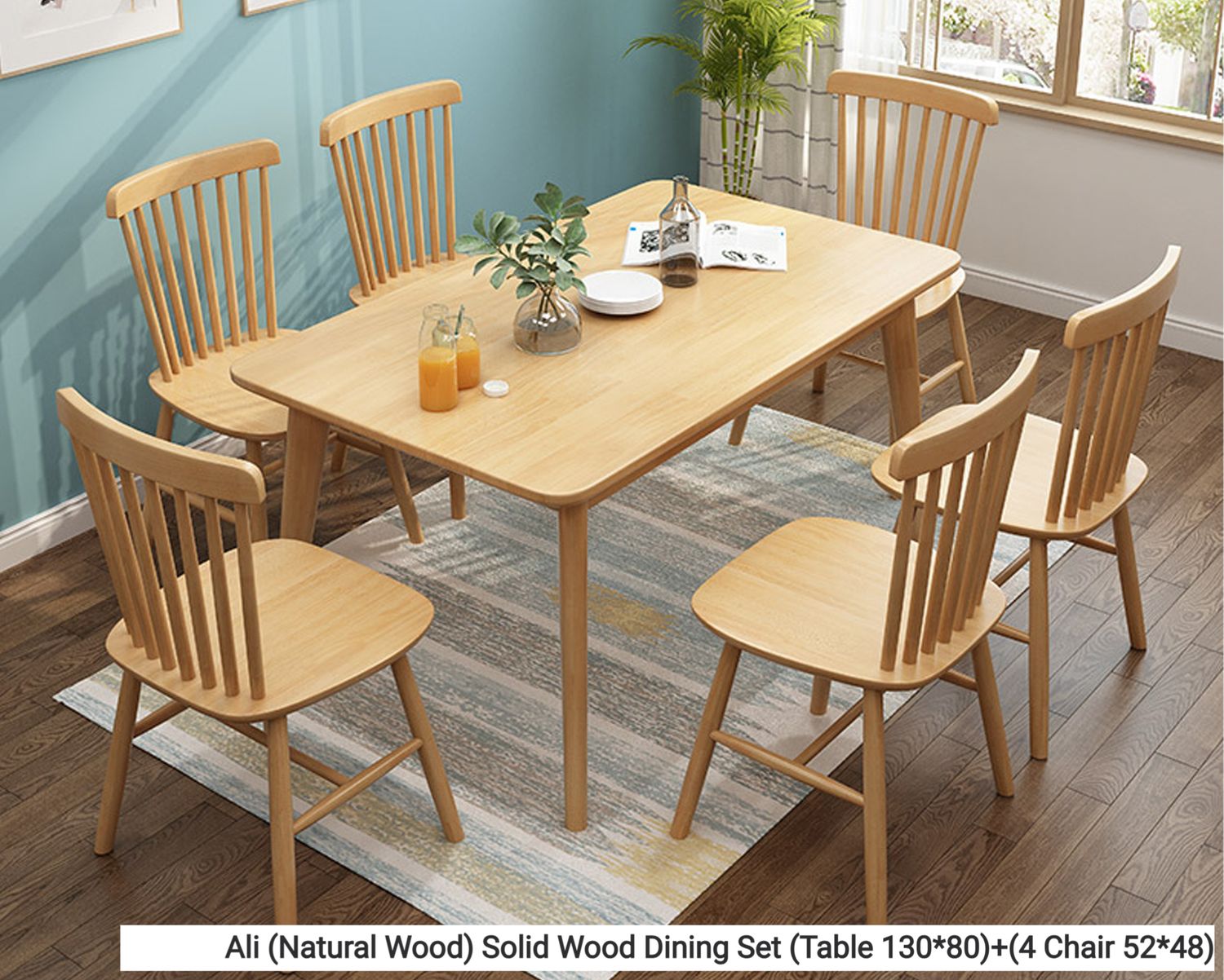 Ofix Ali Solid Thailand Rubberwood Dining Set (Dining Table+4 Dining Chair) (130*80), Option: Ali (Natural Wood) Solid Wood Dining Set (Table 130*80)+(4 Chair 52*48)