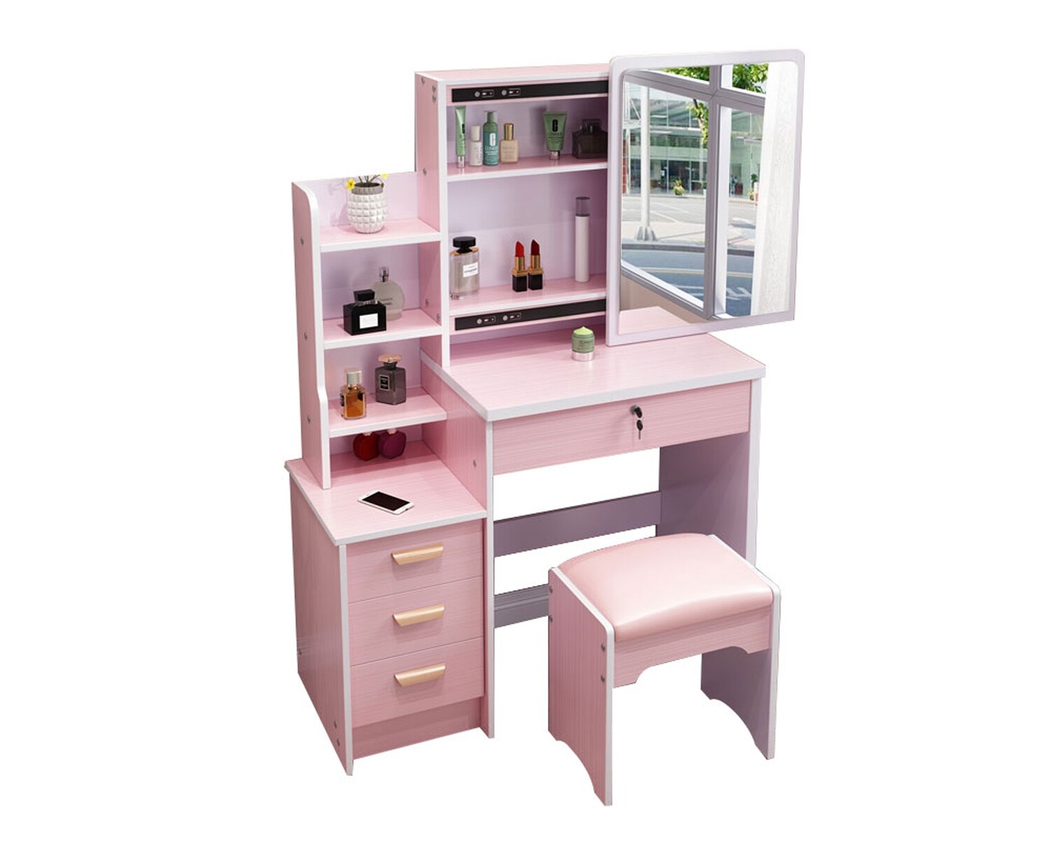 Ofix Keziah Dressing Table Set (Dresser+Stool) (Pink), Option: Keziah Dressing Table (Dresser+Stool) (Pink)