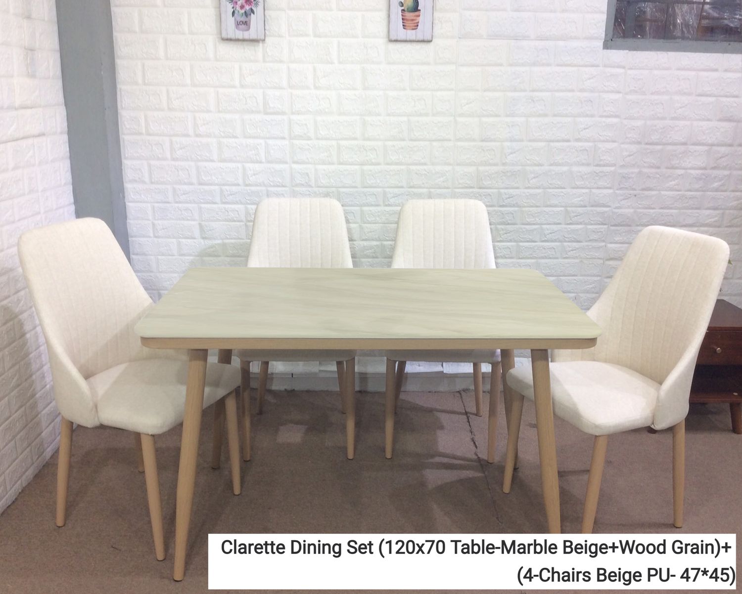 Ofix Clarette Dining Set (120*70-4 Seater / 140*80-6 Seater) (Beige), Option: Clarette Dining Set (120x70 Table-Marble Beige+Wood Grain)+ (4-Chairs Beige PU- 47*45)